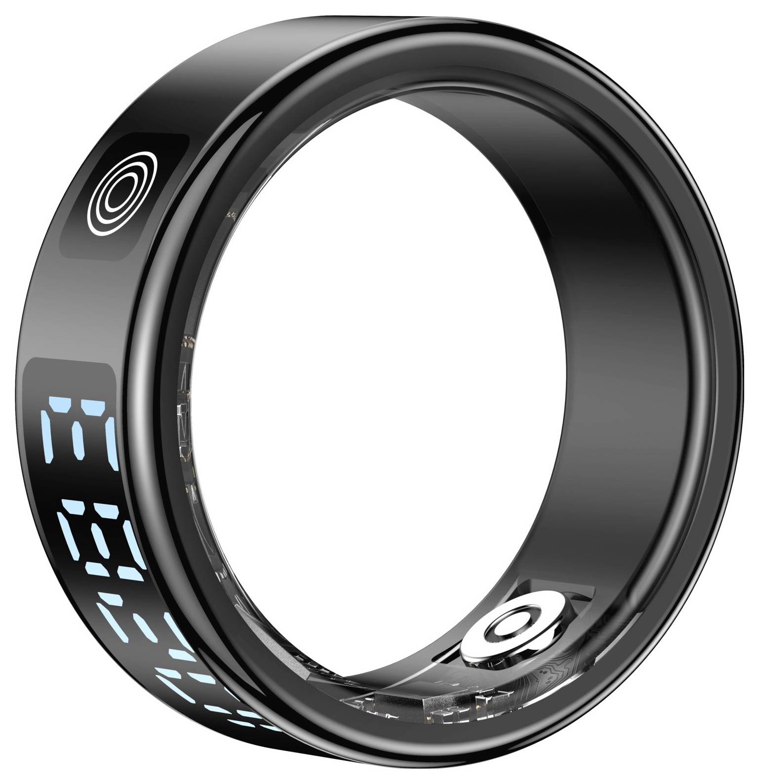 Zwarte slimme ring met gloeiend blauw digitaal display en aanraakpictogram, weergegeven in driekwartaanzicht op een witte achtergrond.