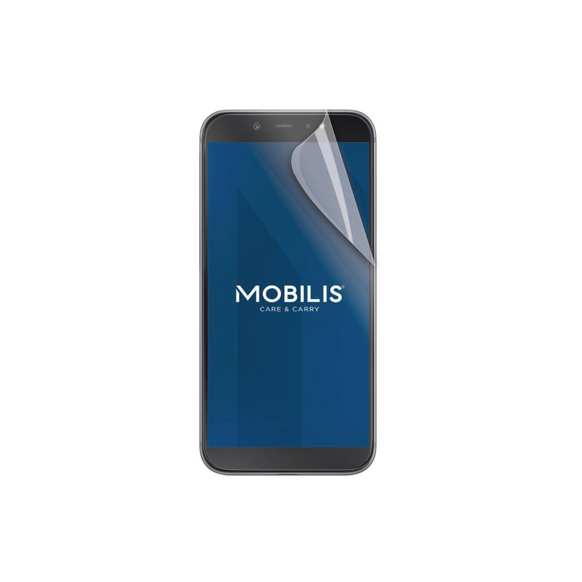 Smartphone met 'MOBILIS CARE & CARRY'-logo op een blauw scherm met een hoekeffect van screenprotector peelen.