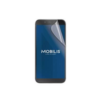 Smartphone met 'MOBILIS CARE & CARRY'-logo op een blauw scherm met een hoekeffect van screenprotector peelen.
