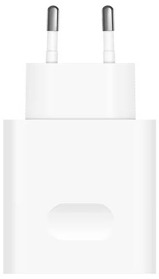 Witte Europese stopcontactadapter met twee ronde metalen pinnen.