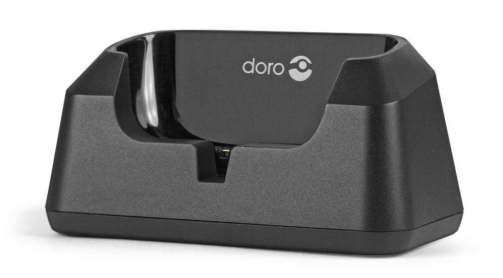 Zwart Doro oplaaddock met hoorndrager, weergegeven op een witte achtergrond.