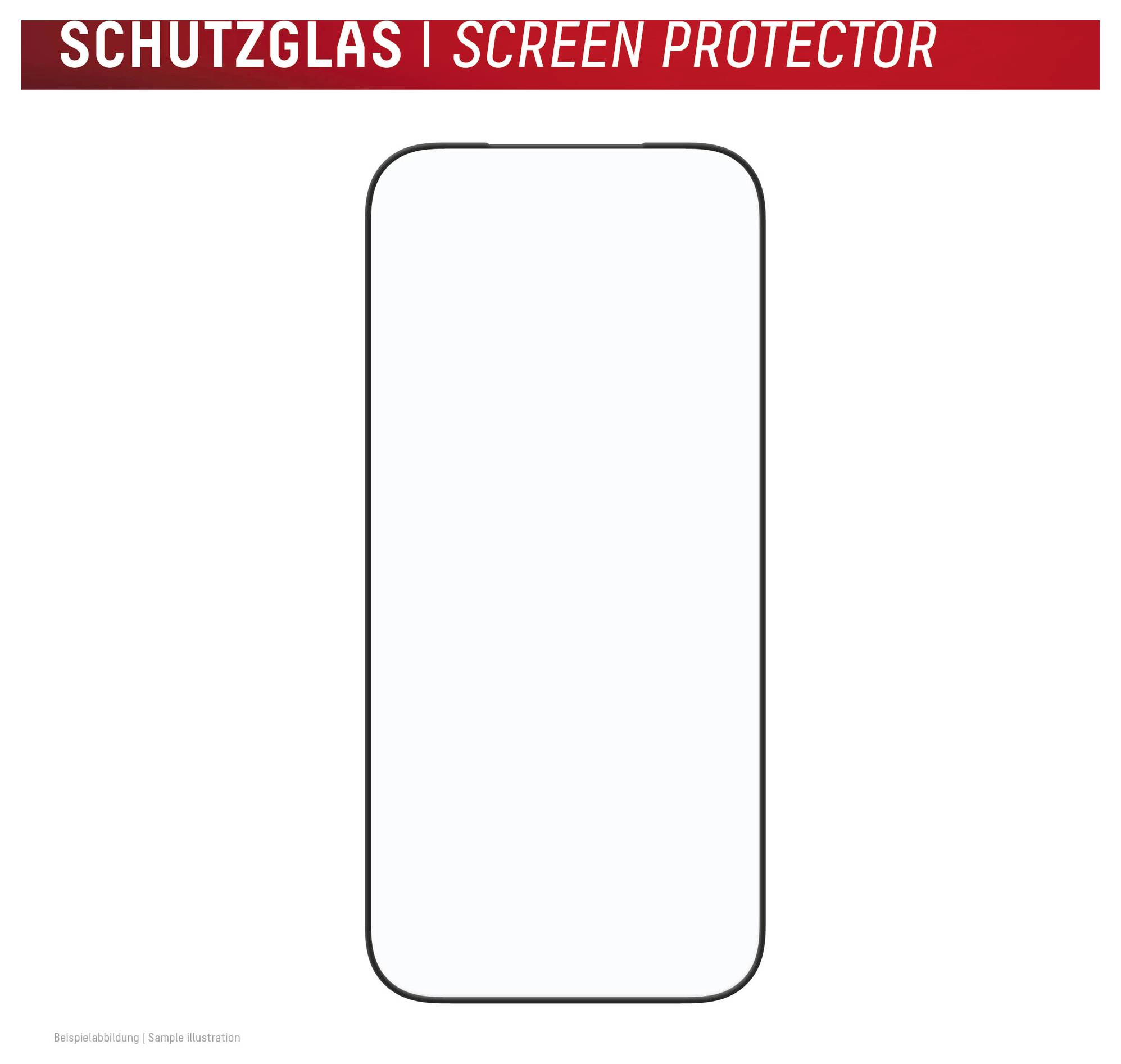 Blank smartphone schermprotector met contour op witte achtergrond, gelabeld 'SCHUTZGLAS | SCREEN PROTECTOR' bovenaan.