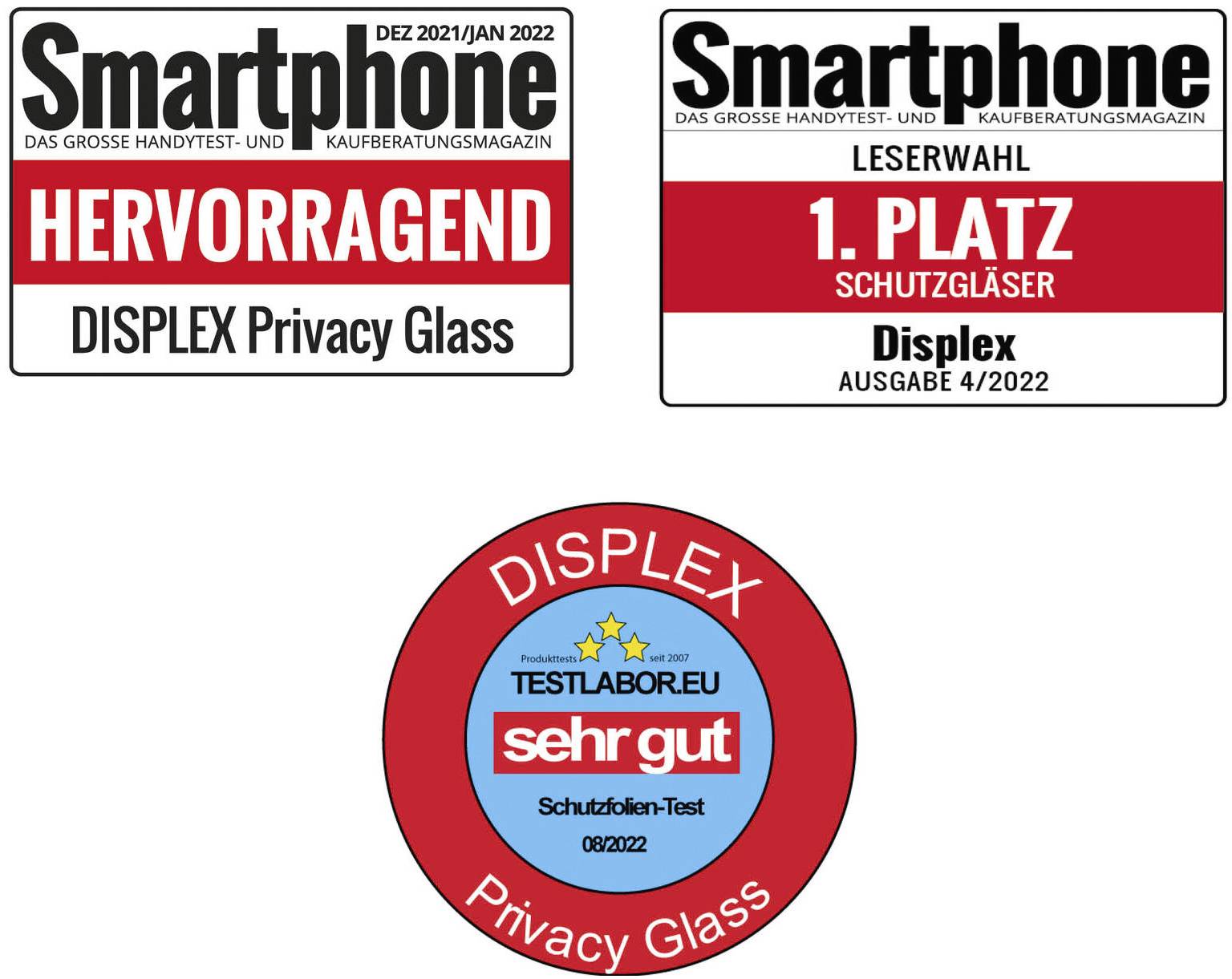 Vier uitsteekende beoordelingen voor Displex Privacy Glass en beschermglas: 'Smartphone' beoordeelt het met 'uitstekend' en '1e plaats'. Weergave van de tester-zegels.