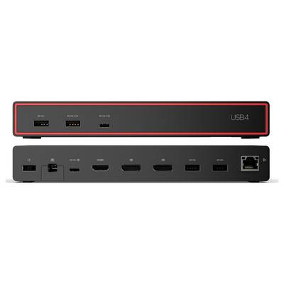 Close-up van een USB4-hub/dock met voor- en achterkanten, inclusief USB-A, USB-C, HDMI, Ethernet en stroomverbindingen.