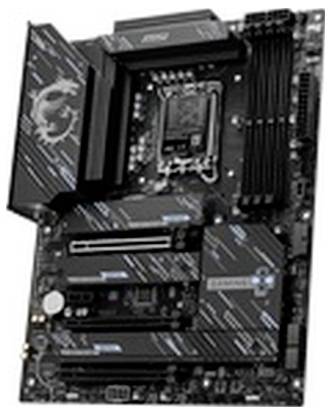 Zwarte MSI-computermoderkaart met CPU-socket, RAM-sleuven, expansiesleuven en koellichamen getoond op een witte achtergrond.