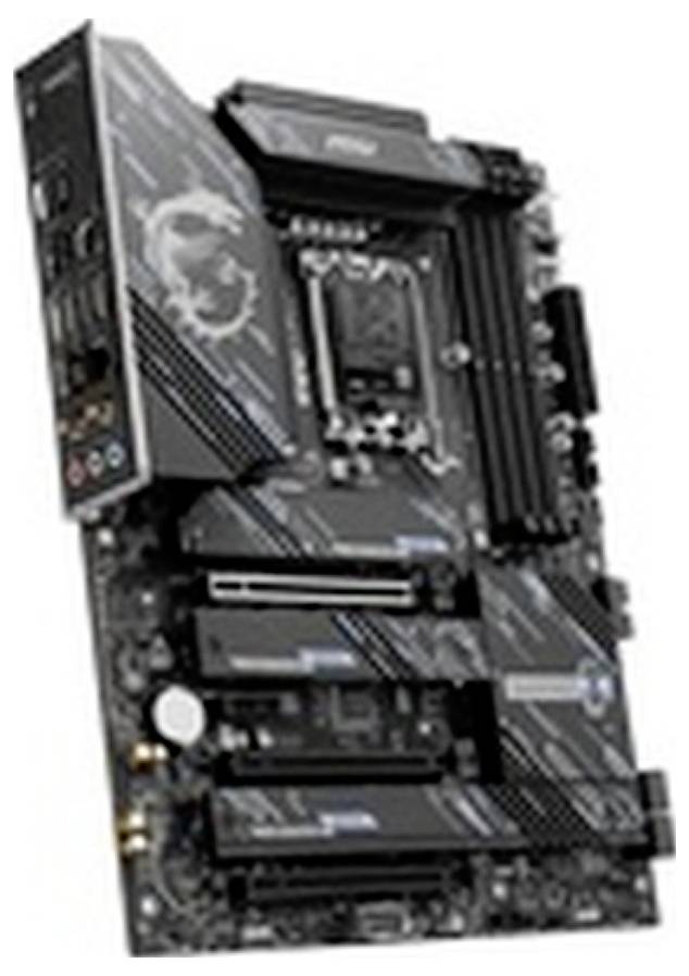 MSI-computermoederbord van voren gezien, met CPU-socket, RAM-sleuven, PCIe-sleuven en koellichamen zichtbaar.