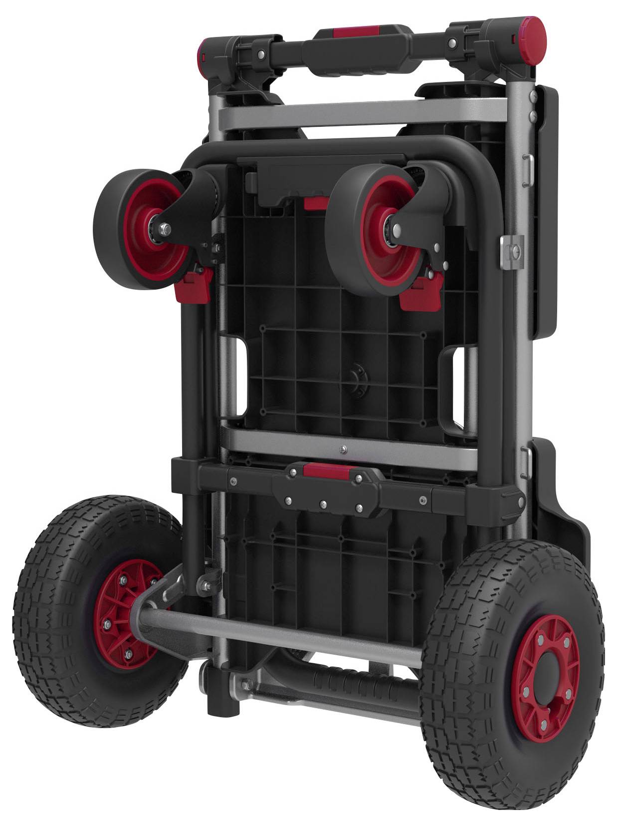 Opgevouwen handwagen met vier wielen, rode accenten en telescopische frame, weergegeven rechtopstaand op een witte achtergrond.