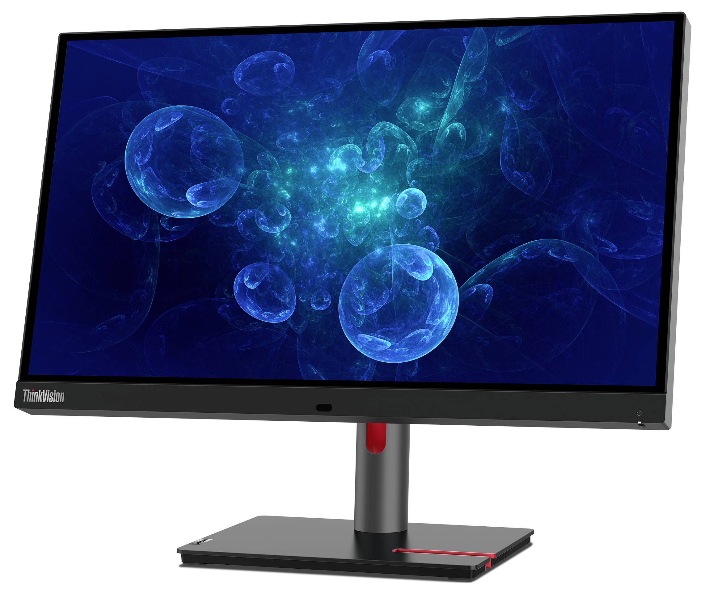 Zwarte ThinkVision monitor op standaard met een abstract blauw bellenvormig behang op het scherm.