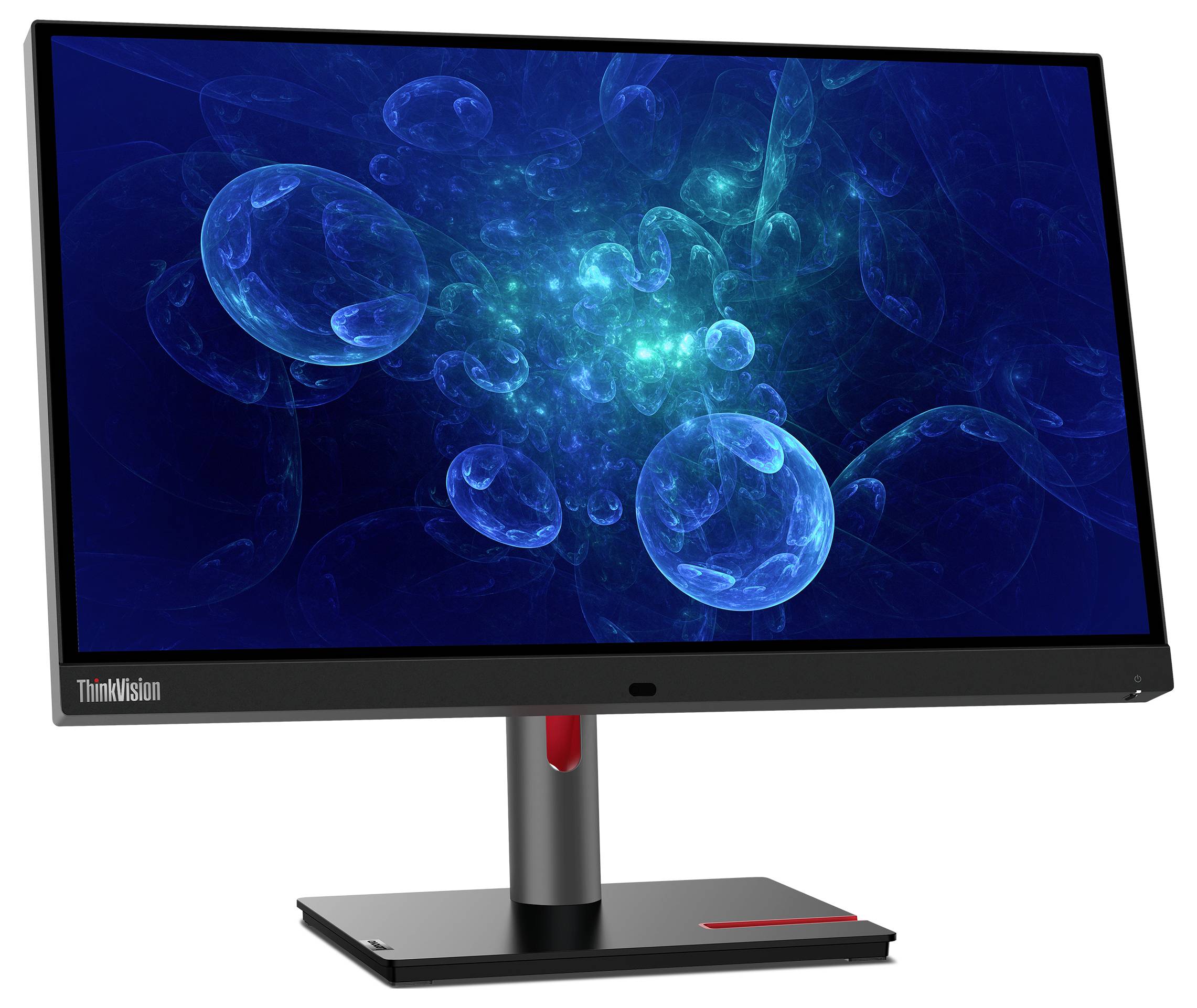 ThinkVision computermonitor op standaard met abstract blauwe bel-achtige bollen op een donkere achtergrond.