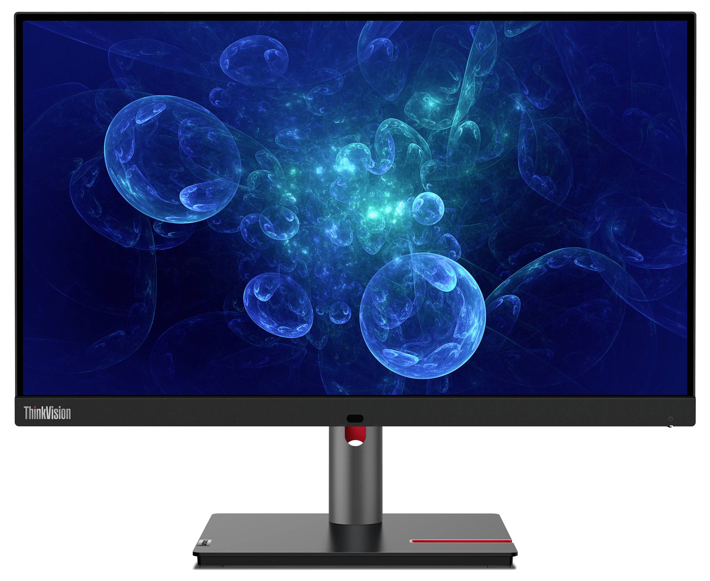 Zijkant van een zwart flatscreenmonitor op een standaard, weergegeven onder een hoek.