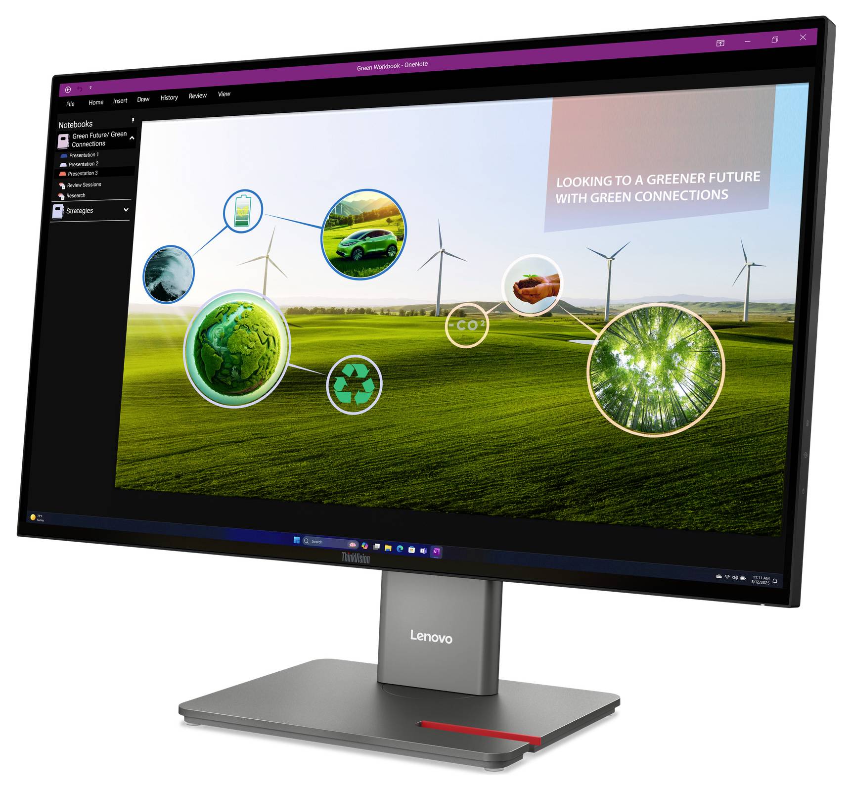 Lenovo-monitor met een duurzaamheidsgrafiek met windmolens, groen landschap, circulaire eco-pictogrammen en de tekst 'KIJKEN NAAR EEN GROENERE TOEKOMST MET GROENE VERBINDINGEN'