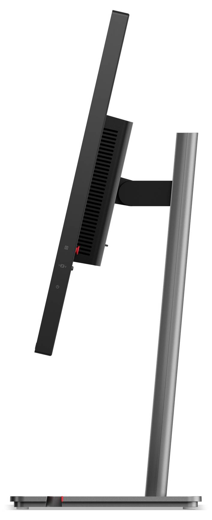 Zijaanzicht van een slanke flatscreen-monitor op een zilveren standaard, met zichtbare verstelbare achterbeugel en basis.