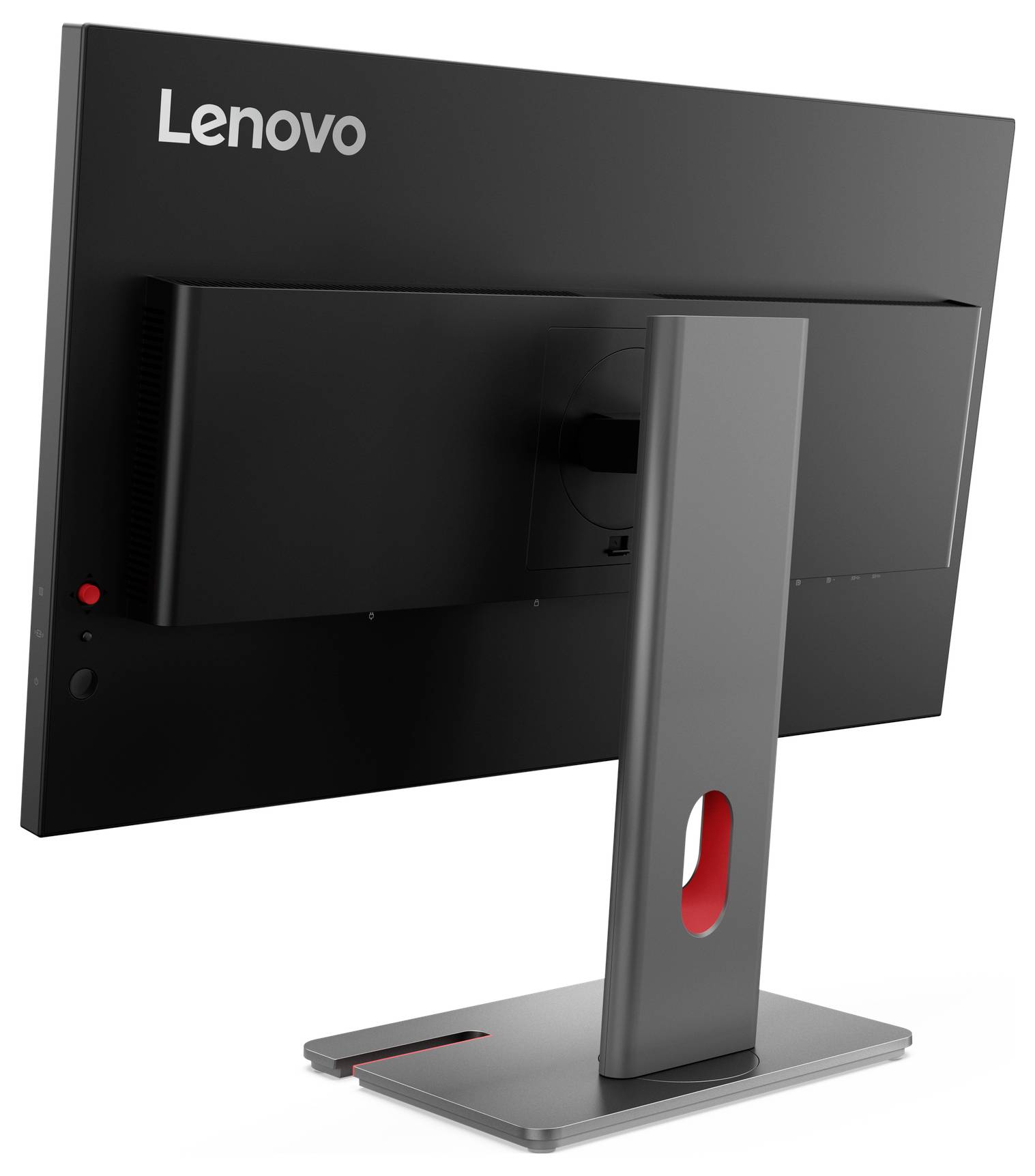Achteraanzicht van een Lenovo desktopmonitor met een grijze standaard op een witte achtergrond.