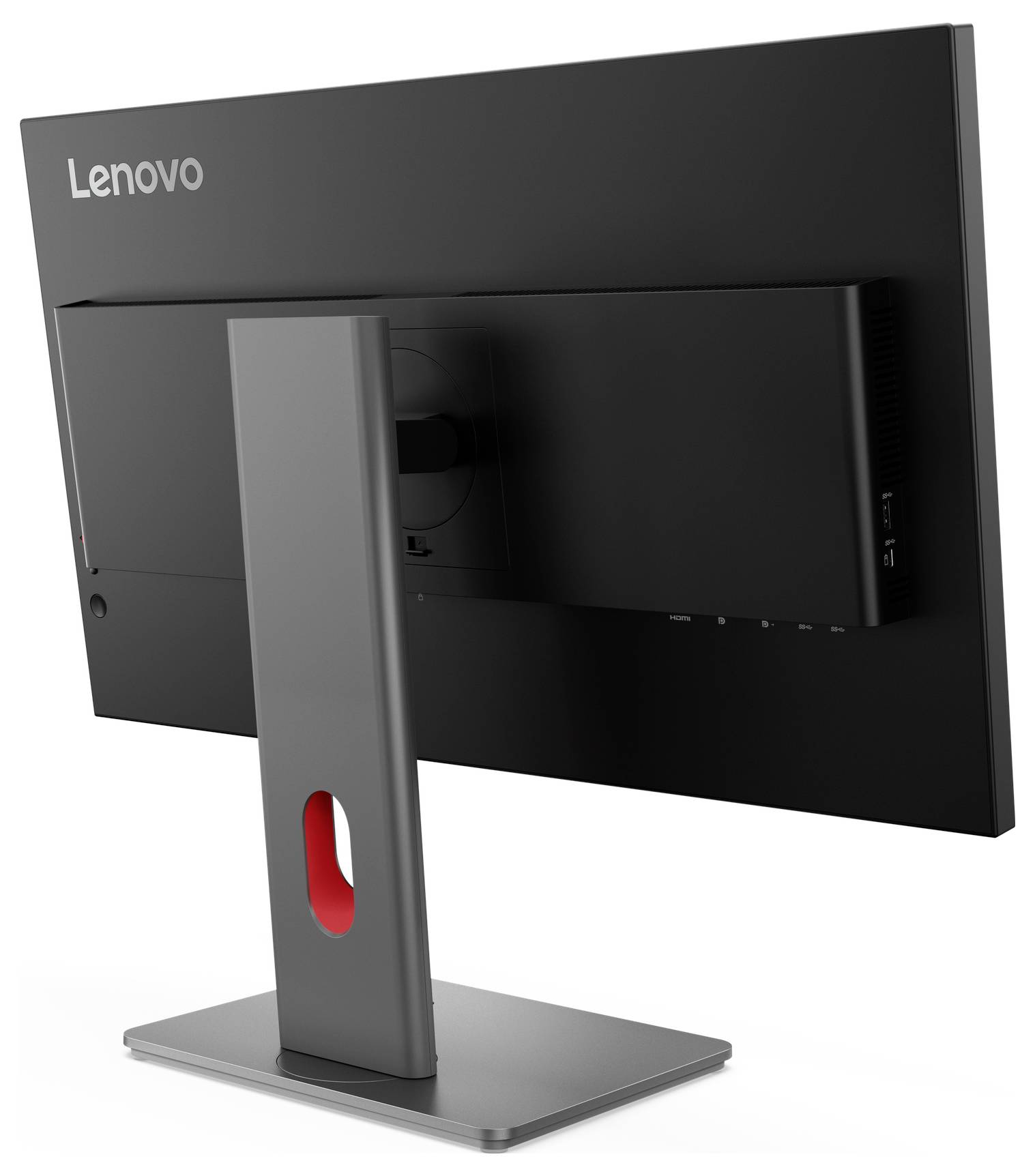 Achterkant van een Lenovo-desktopmonitor op een grijze standaard, met het achterpaneel en kabelpoorten zichtbaar.