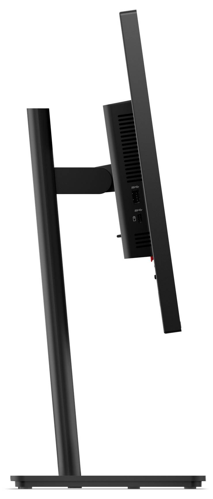 Zijkant van een zwarte computermonitor op een standaard, met zicht op het slanke scherm, achterste ventilatieopeningen en voet.