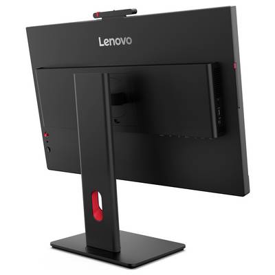 Achteraanzicht van een Lenovo all-in-one monitor op een standaard, met zicht op het achterpaneel, poortgebied en webcam bovenaan.