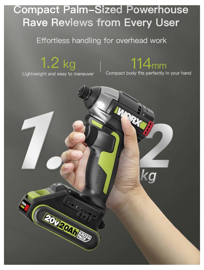 Advertentie met een hand die een compacte, handpalm-formaat WORX-boormachine vasthoudt, met nadruk op '1,2 kg' gewicht, '114 mm' grootte, en '20V 2.0Ah' accu.