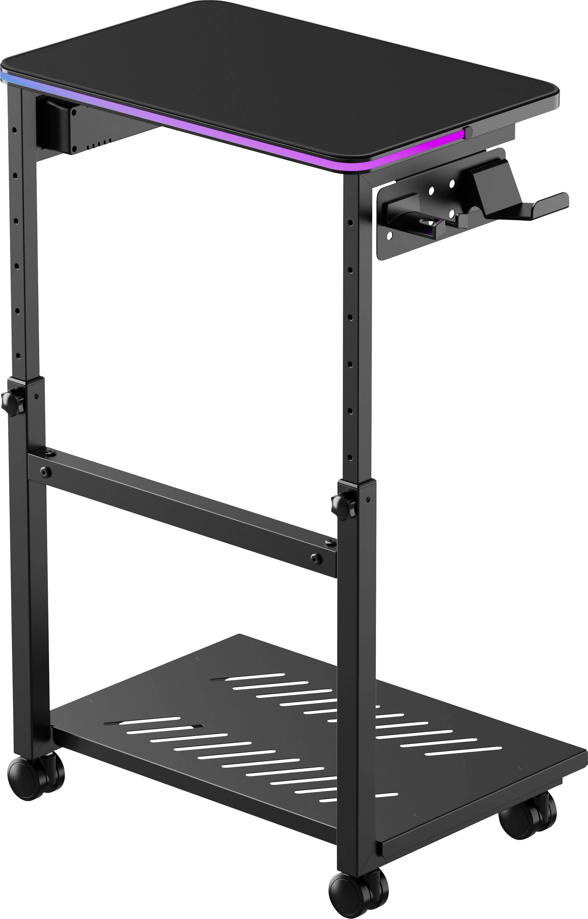 Zwart verstelbaar rollend laptopstandaard met werkblad aan de bovenkant, onderste plank, houder voor apparaten aan de zijkant en vier zwenkwielen.