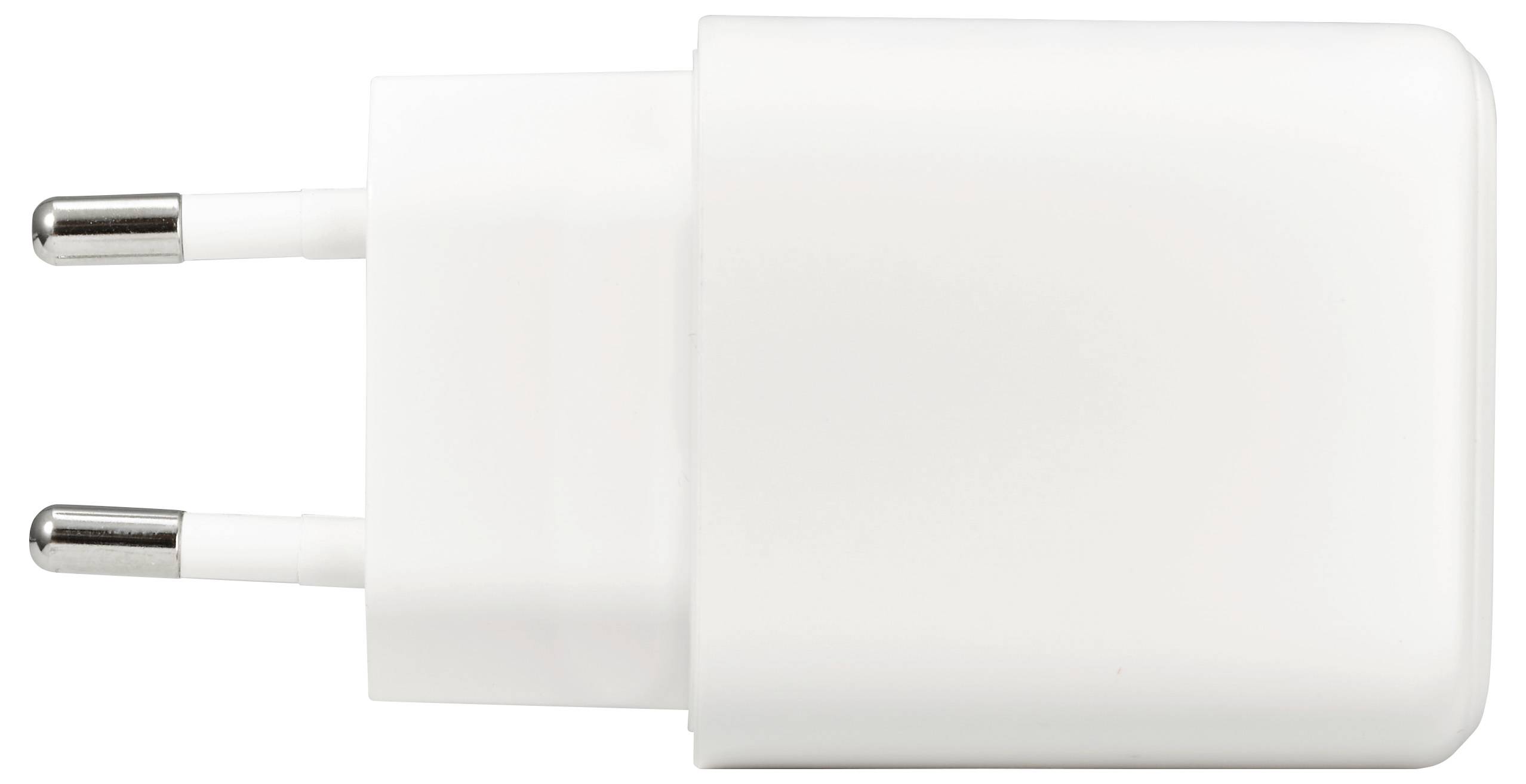 Witte twee-pins elektrische stroadadapter laadstekker op een witte achtergrond.