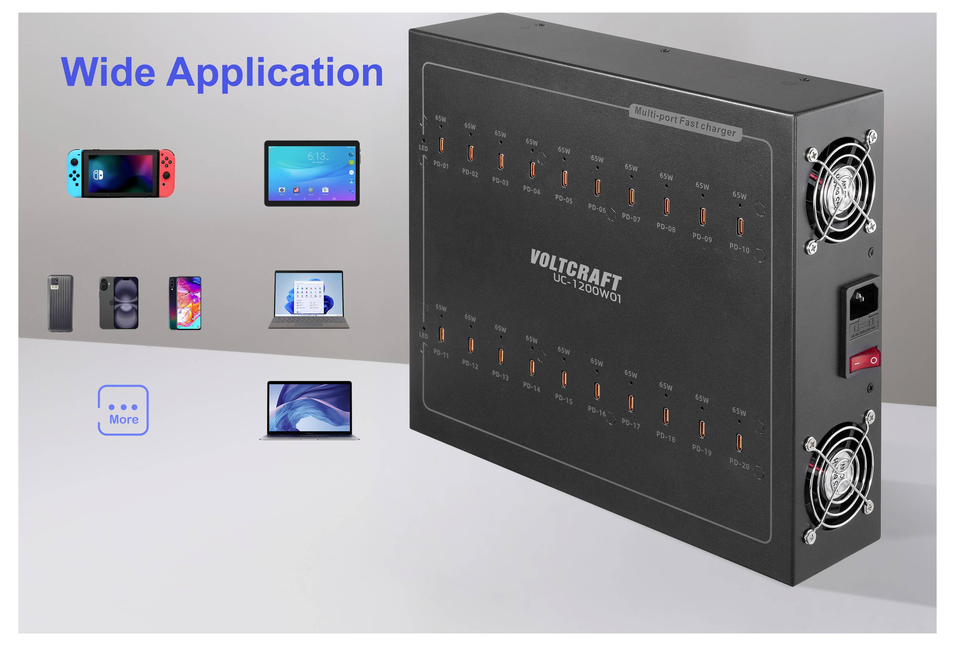 Productpromo-afbeelding met een VOLTCRAFT UC-1200W voedingseenheid met dubbele koelventilatoren en meerdere laadpoorten, gelabeld als 'Brede toepassing' met pictogrammen voor telefoons, tablets en laptops.