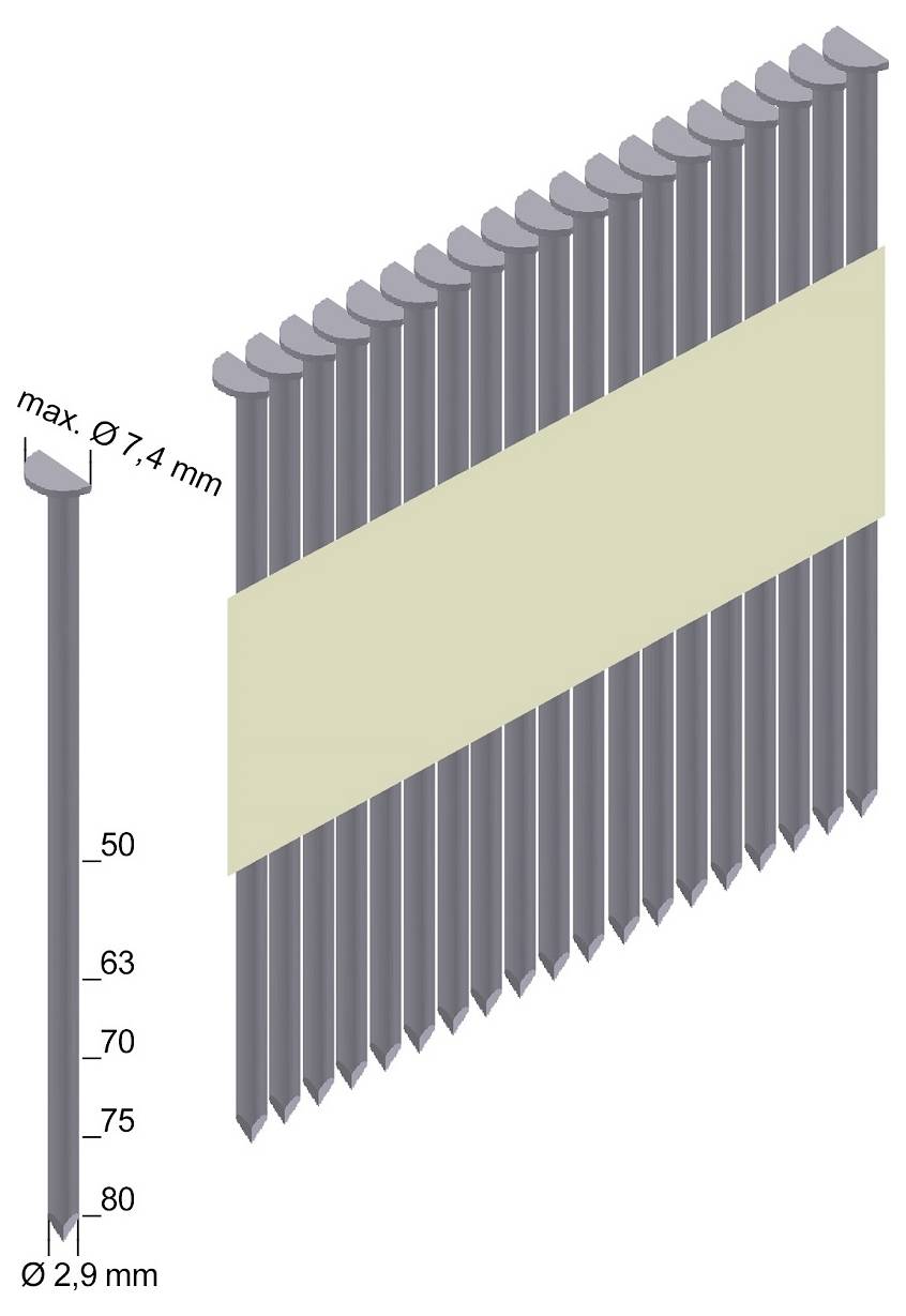 Diagram van een bundel nagels of pennen met een gemarkeerde strook, met afmetingen: max. Ø7,4 mm en Ø2,9 mm, met lengtemarkeringen 50, 63, 70, 75 en 80 mm.