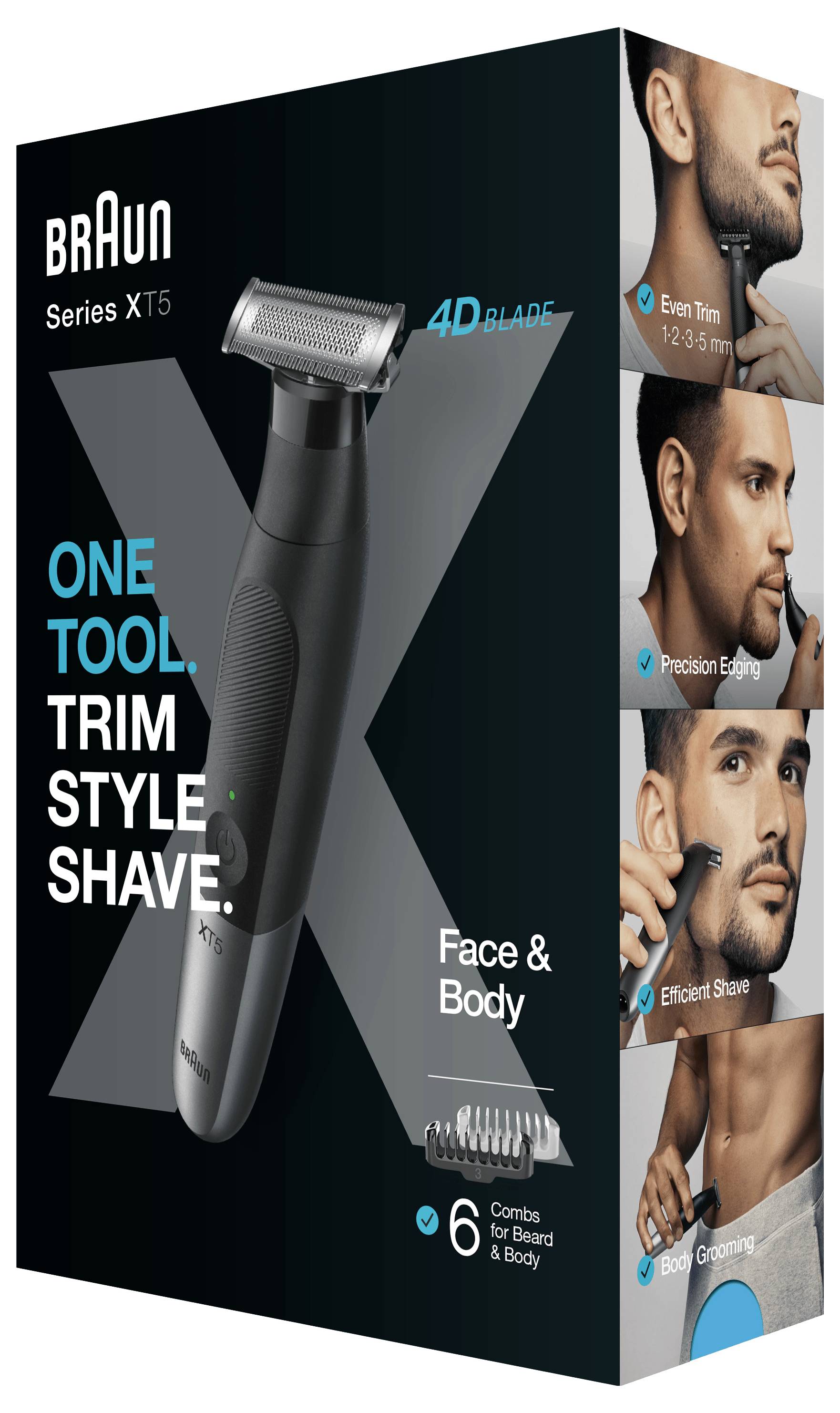 Braun Series XT5 verzorgingsgereedschapspakket met 'One tool. Trim style shave.' met een trimmer, 4D-blad en gebruik voor gezichts- en lichaamsverzorging.