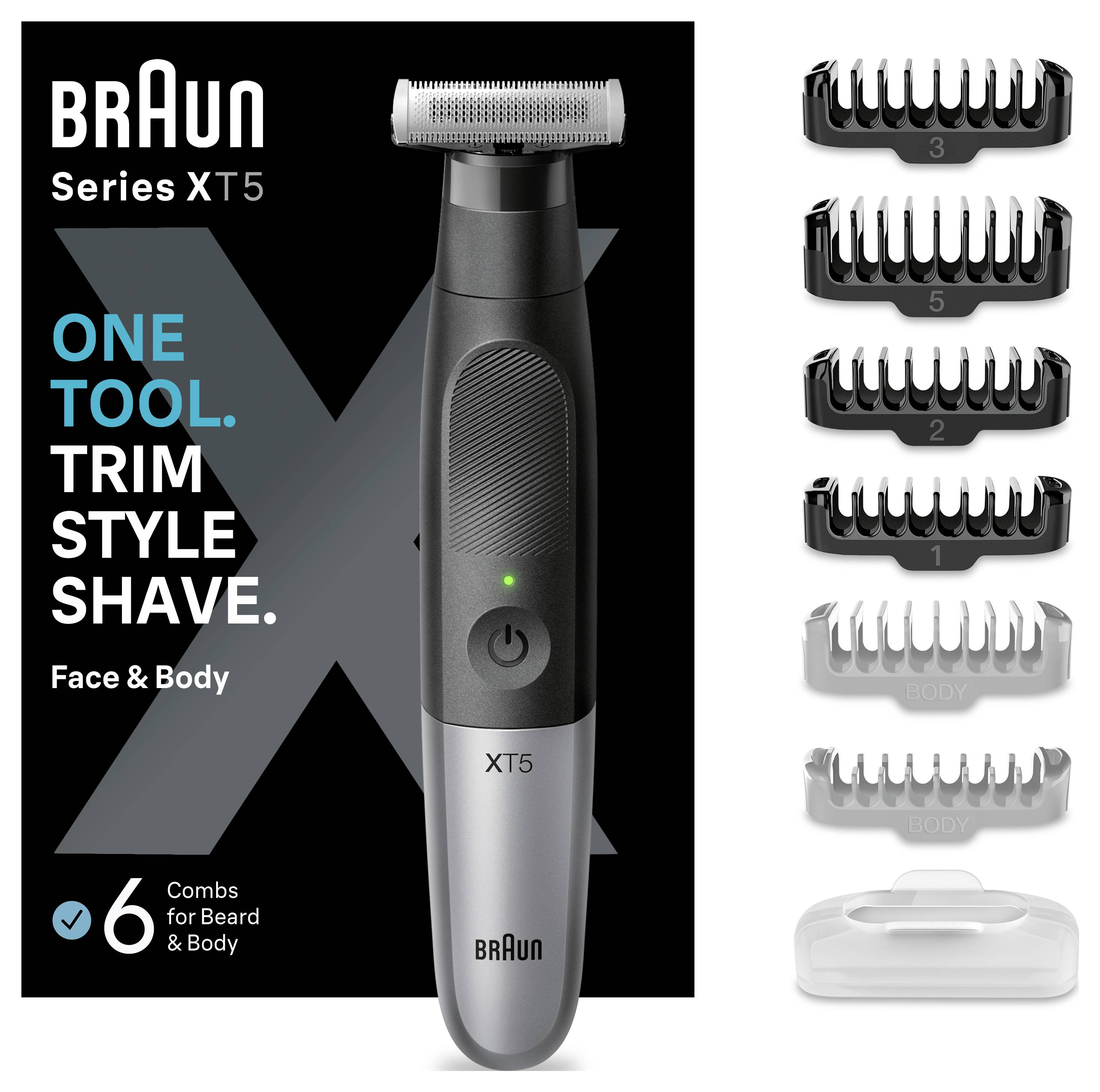 Braun Series XT5 trimmer met zes kam-opzetstukken; advertentie zegt 'Eén tool. Trimmen. Stylen. Scheren.' voor gezicht en lichaam.