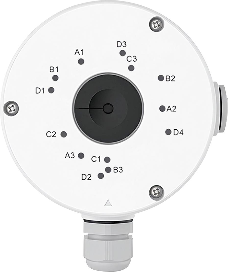Ronde sensor- of connectorkoppeling voorzien van acht aansluitpunten (A1-D4) rond een centrale poort, met een kabelwartel aan de onderkant.