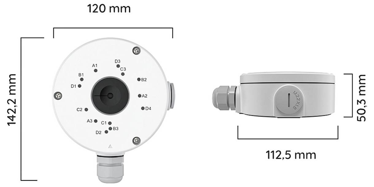 Gedimensioneerde technische tekening van een rond apparaat, met voor- en zijkanten met afmetingen: 120 mm breed, 142,2 mm hoog en 50,3 mm diep.