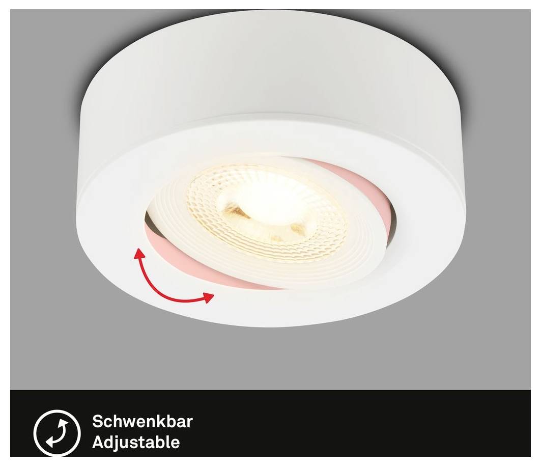 Zwarte verstelbare plafondspot met warm wit 3000K licht, weergegeven op een grijze achtergrond met labels die 'Warmwit 3.000K' en 'Verstelbaar' aangeven.