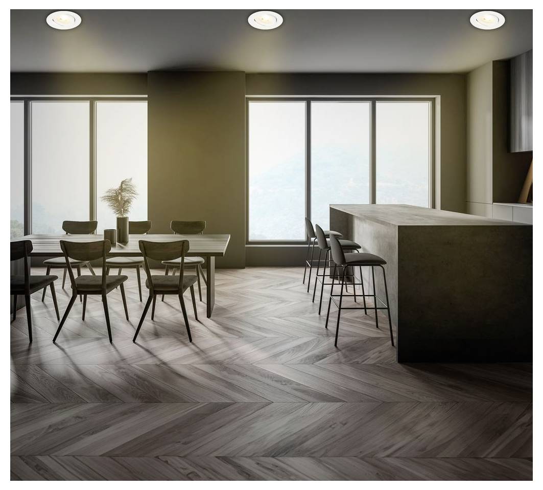 Moderne keuken-eetkamer met een lange tafel, barkrukken, grote ramen en visgraat houten vloer, weergegeven in een minimalistische interieurontwerprending.