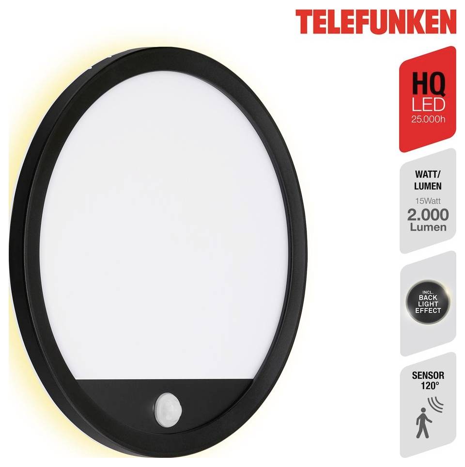 Telefunken ovale LED-wandlamp met zwart frame en wit diffusor, voorzien van 120° sensor en achterverlichting; nominaal 15W, 2000 lumen, 25.000u.