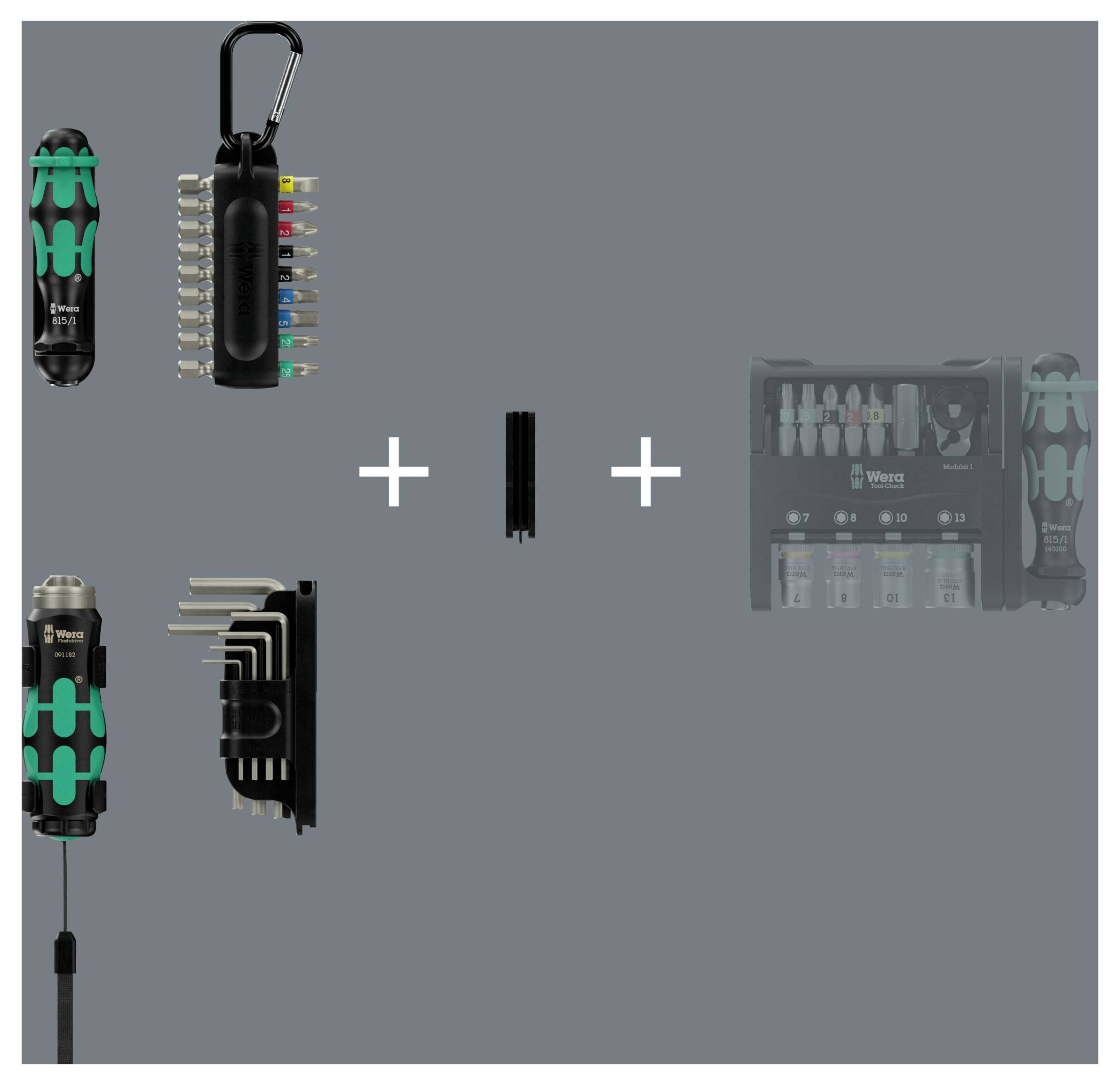 Assemblagediagram van gereedschapset met een zwart-groene opvouwbare gereedschap, bithouder en connector plus een opbergkast met bits en accessoires.