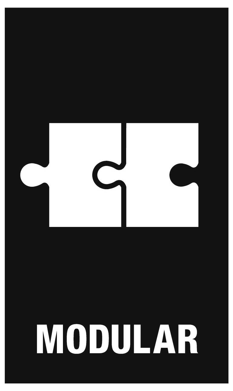 Witte ineen grijpende puzzelstukken boven het woord 'MODULAIR' op een zwarte achtergrond, wat een modulair concept of sectie-icoon suggereert.