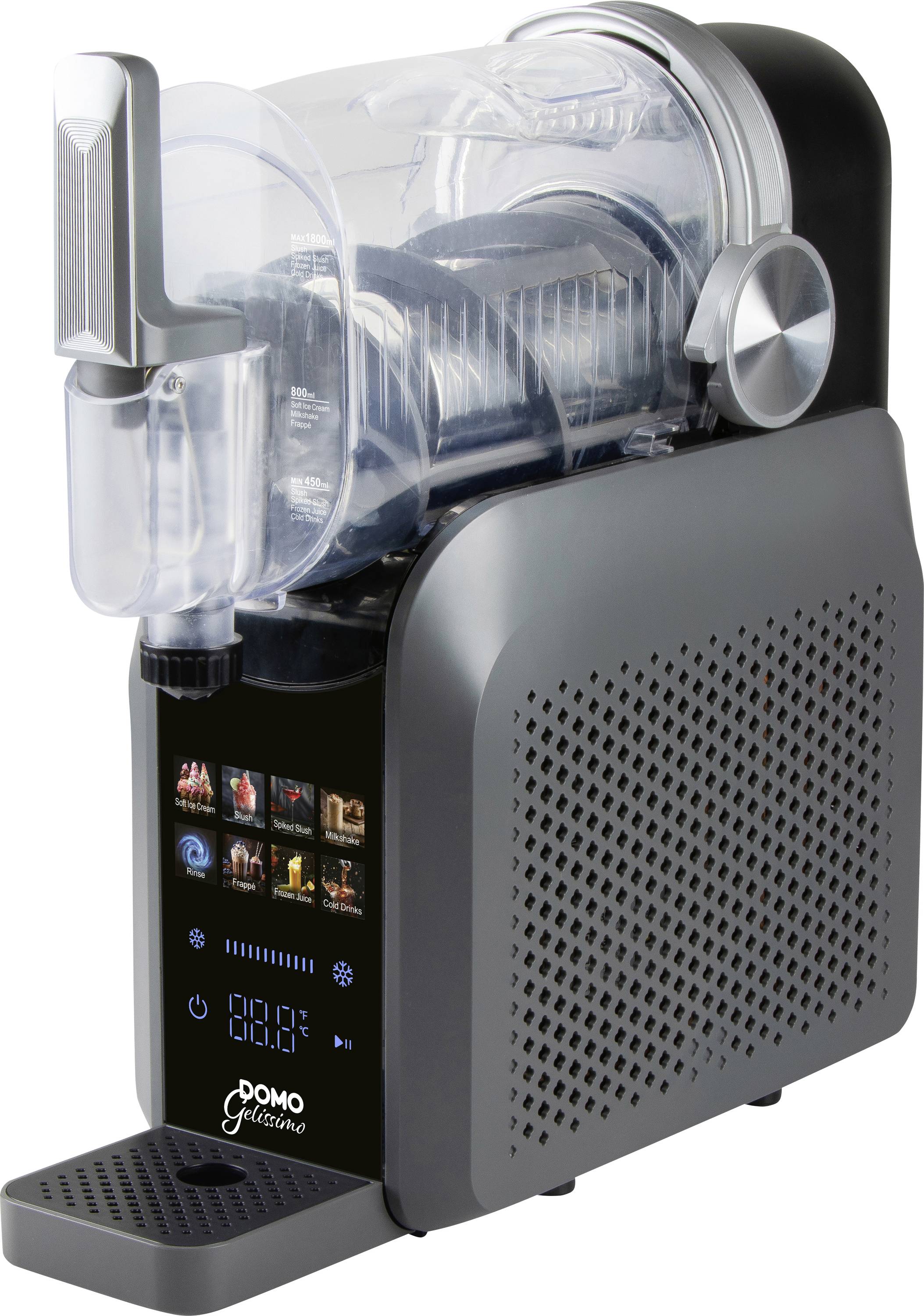 Ijscream- of bevroren dessertmachine met een doorzichtige bovenbak, digitaal bedieningspaneel en druppelbak aan de voorkant.