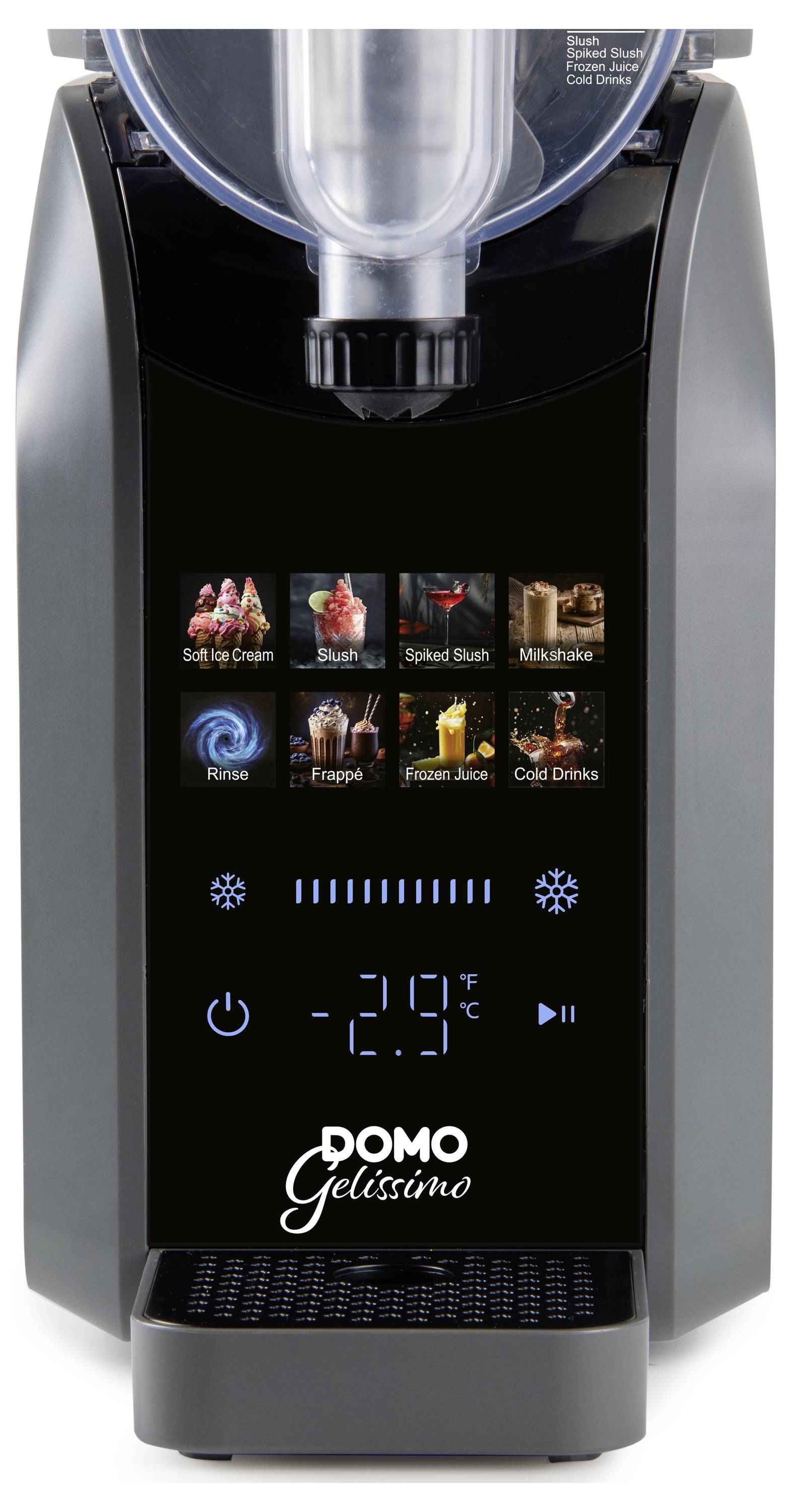 Aanrechtblad Domo Gelissimo apparaat met aanraakbediening en drankpictogrammen, met een digitaal temperatuurscherm en aan-/afspeelknoppen.