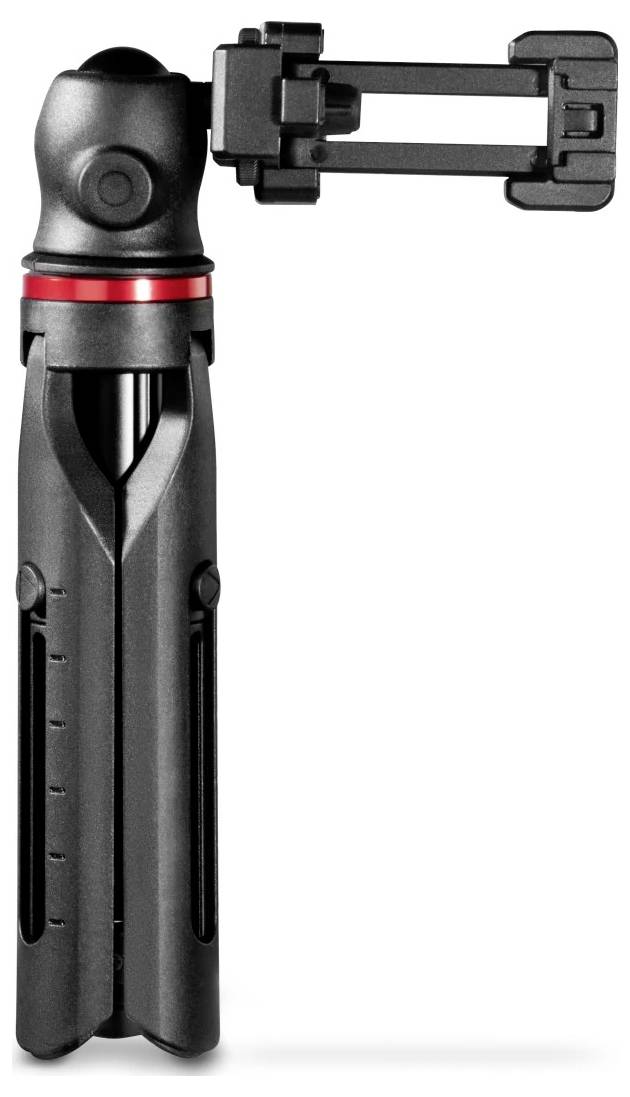 Zwart verstelbaar statief of telefoonhouder met inklapbare klemarm, weergegeven op een witte achtergrond.