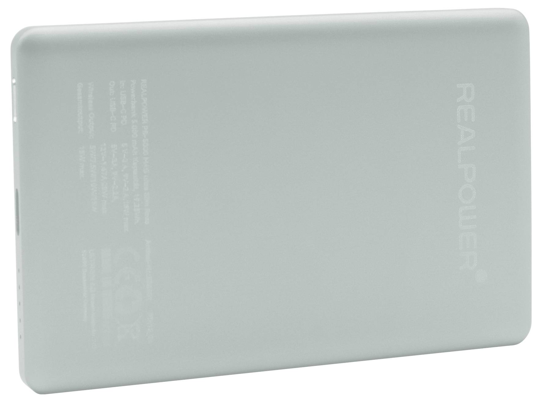 Een lichtgrijze RealPower draagbare powerbank weergegeven diagonaal op een witte achtergrond, met zichtbare branding aan de rechterkant.