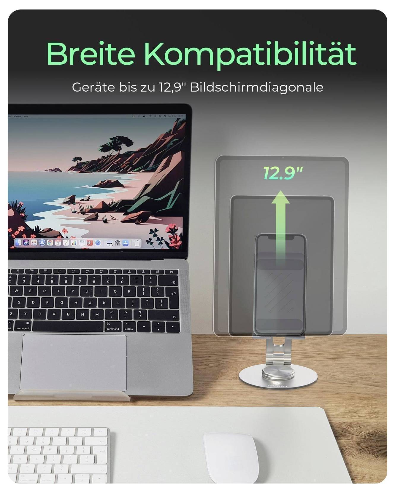 Promotieafbeelding met een laptop naast een standaard, met Duitse tekst 'Brede compatibiliteit' en 'Apparaten tot 12,9" schermdoorsnede', wat aangeeft dat apparaten tot 12,9 inch worden ondersteund.