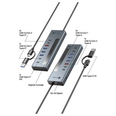 ICY BOX IB-HUB1743-CPD 61158 USB-hub 7 + 1 poorten USB-C 3.2 Gen 2, USB-C 3.2 Gen 1, USB-C (met Power Delivery), USB-A 3-2