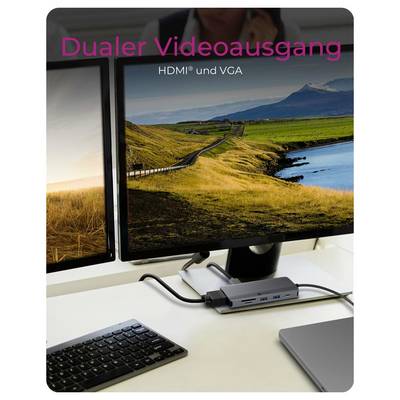 Dual monitor setup met een dockingstation met 'Dualer Videoausgang' en 'HDMI en VGA' tekst, wat duaal videouitgang-ondersteuning impliceert.