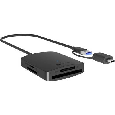 Zwarte USB-C hub met meerdere kaartssleuven en poorten, verbonden door een korte USB-C kabel met een USB-A adapter aan het einde.