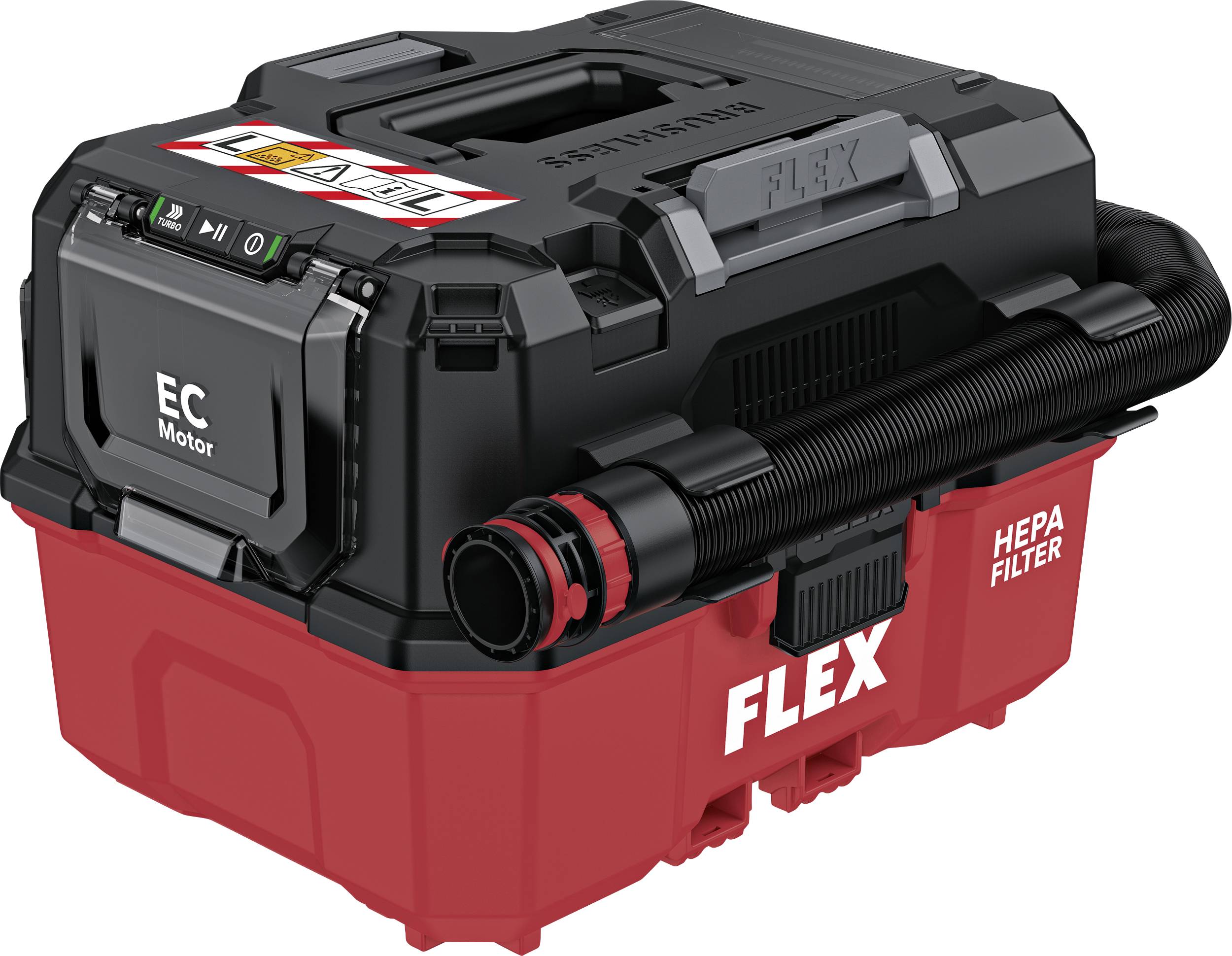 Zwart en rood FLEX nat-/droogstofzuiger met HEPA-filter, EC-motorlabel en slangaansluiting, weergegeven in productweergaveformat.
