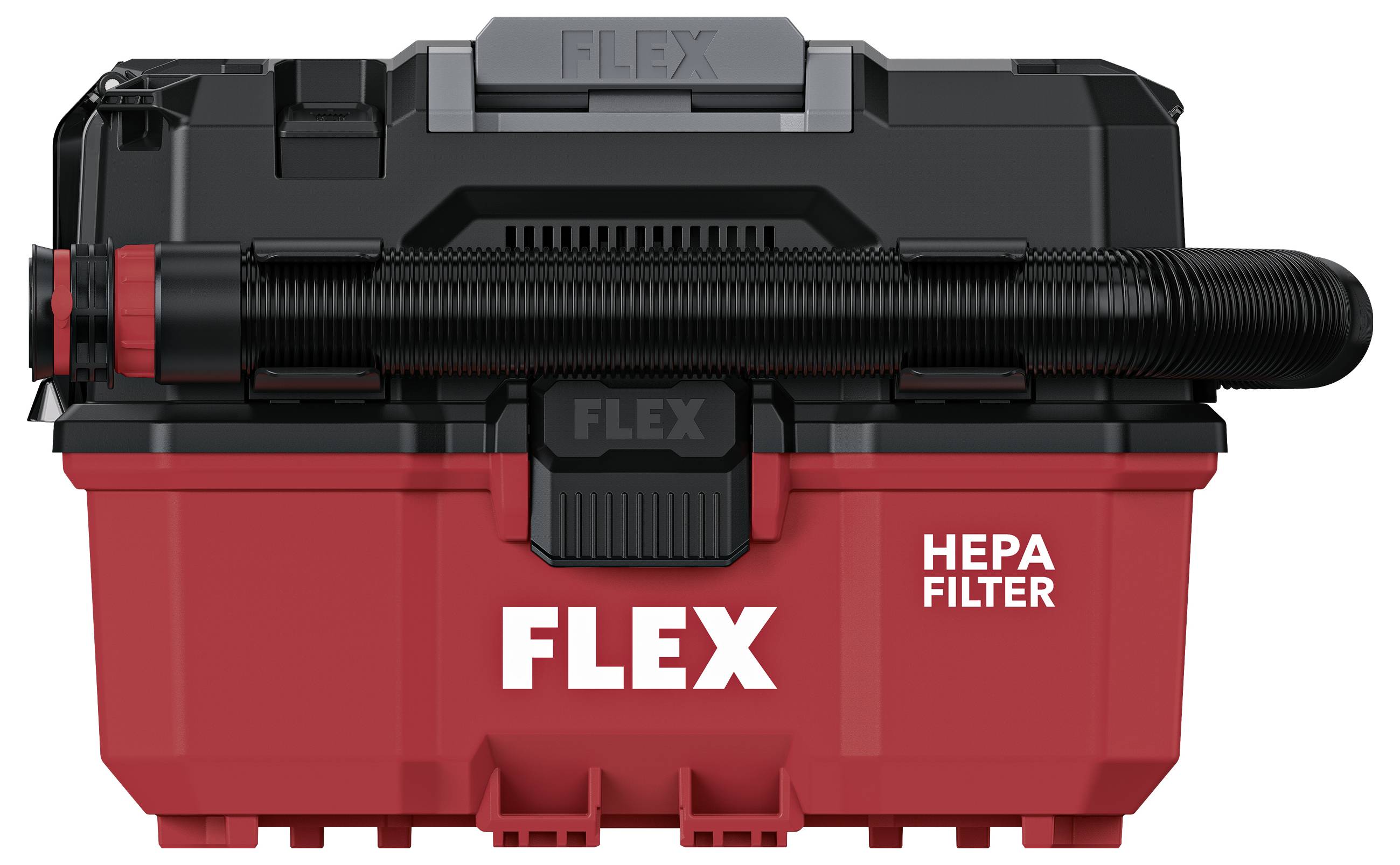Rode FLEX HEPA-filterstofzuiger-aanzetstuk met zwart deksel en slang, gelabeld met 'FLEX' en 'HEPA FILTER'.