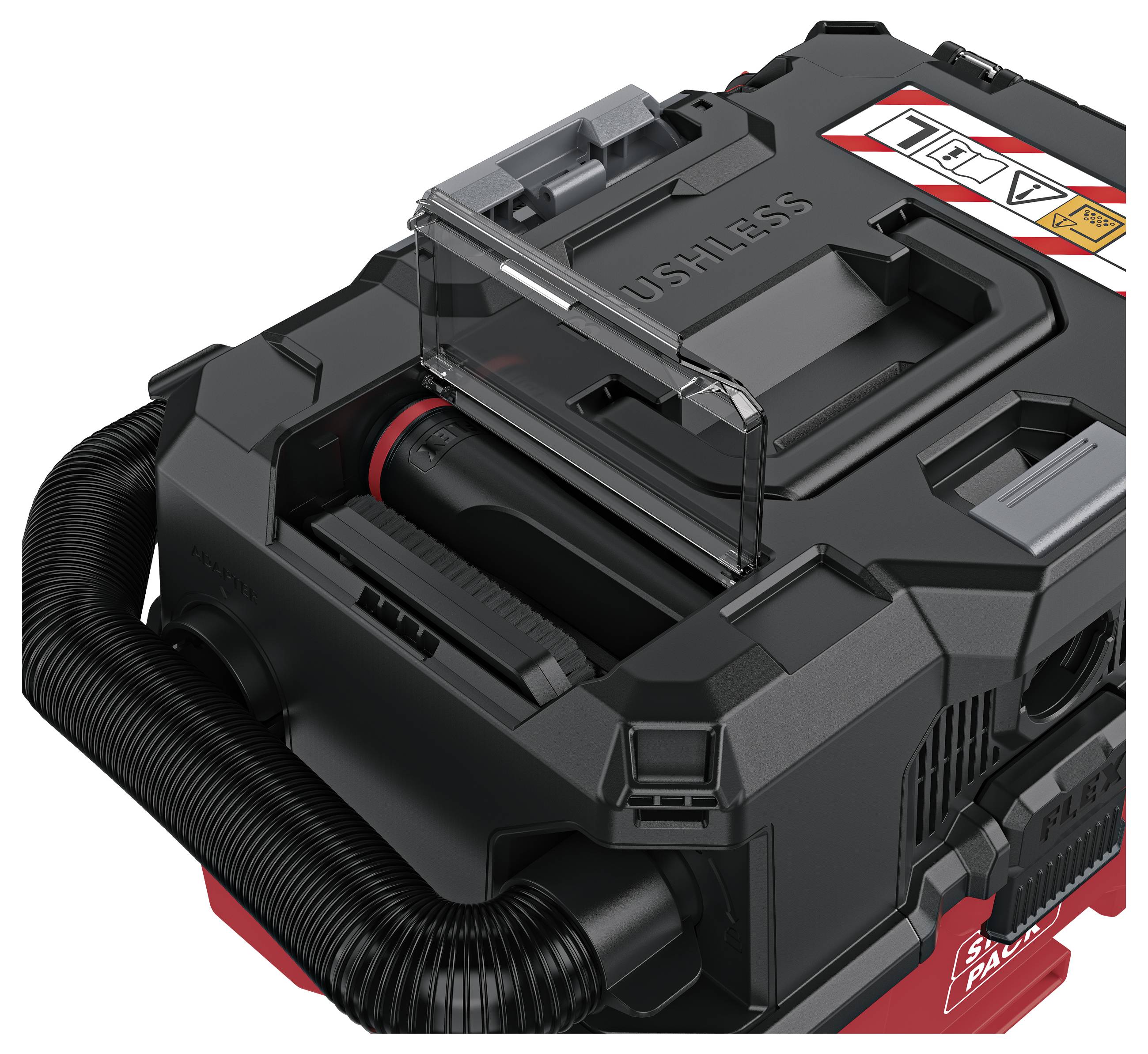 Detailweergave van een draadloze stofzuiger of stofafzuiger met een doorzichtig bovendeksel, slang eraan bevestigd, en een rode batterijpack zichtbaar eronder.