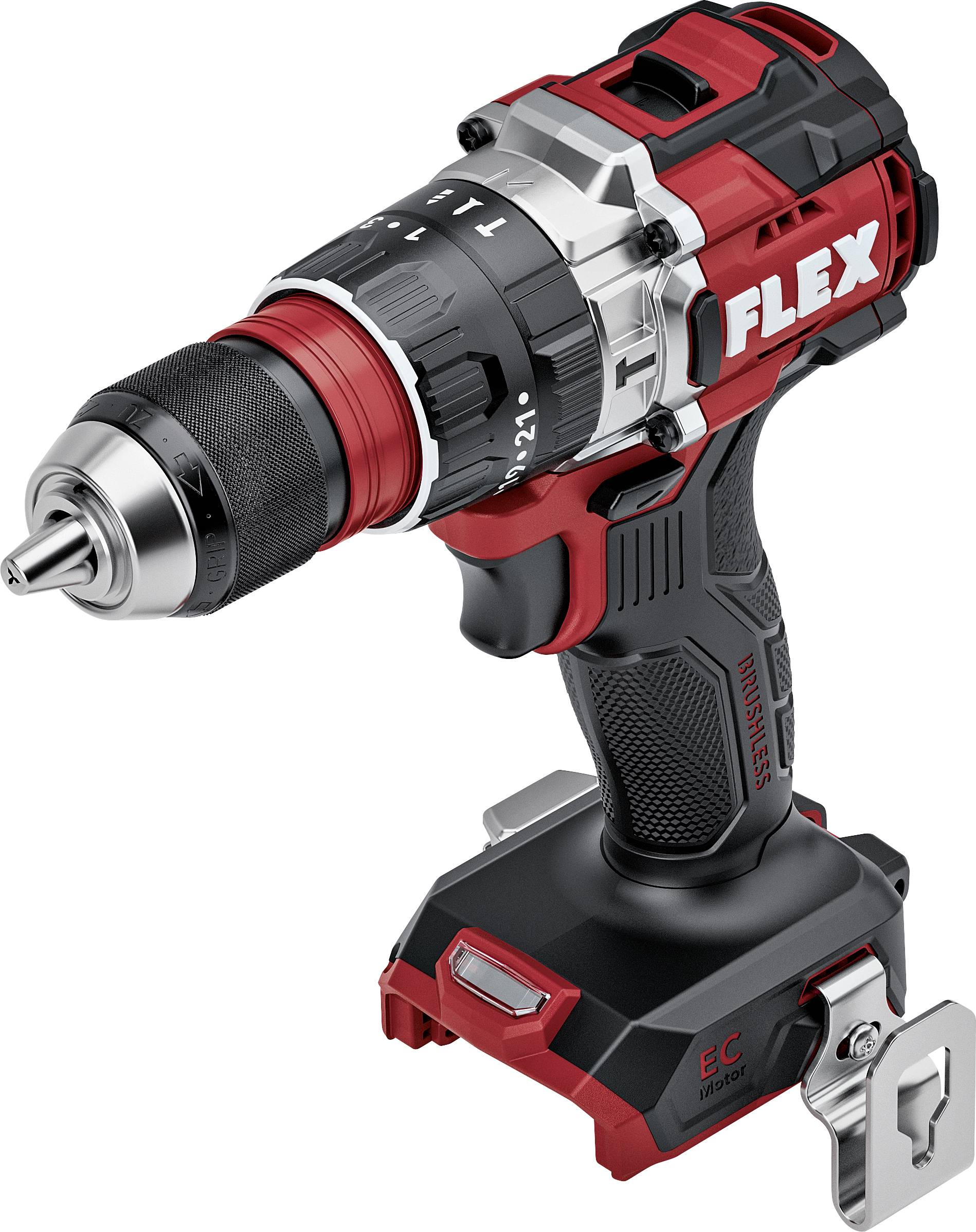 Rood en zwart FLEX snoerloos boor-/schroefmachine met accu en metalen snelspankop, weergegeven op een witte achtergrond.
