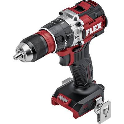 Rood en zwart FLEX snoerloos boor-/schroefmachine met accu en metalen snelspankop, weergegeven op een witte achtergrond.