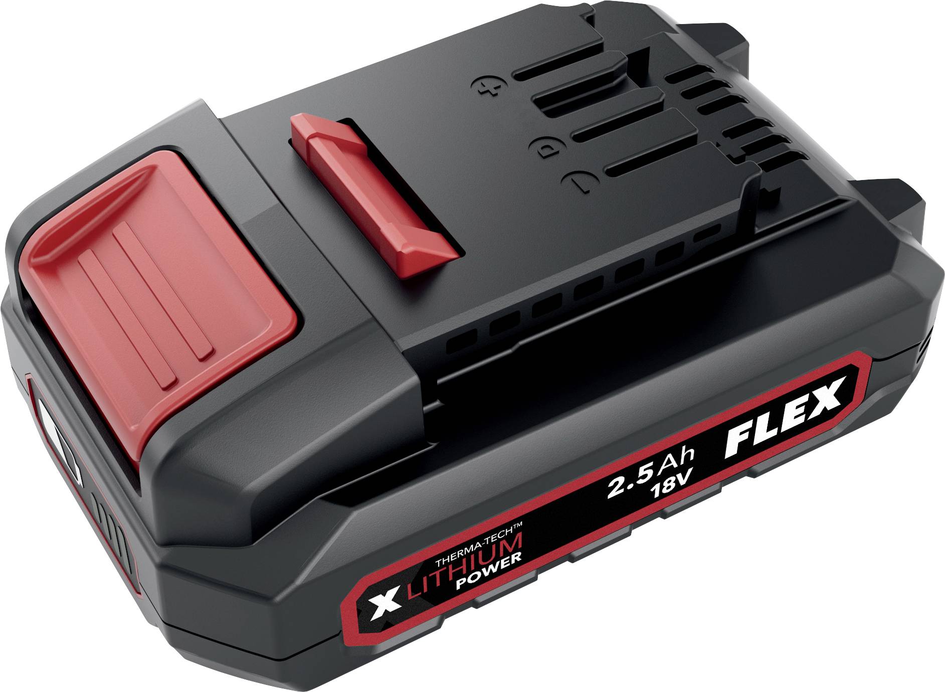 Zwart en rood FLEX 18V lithium accupakket met label 2.5Ah, weergegeven in een productstijlweergave.