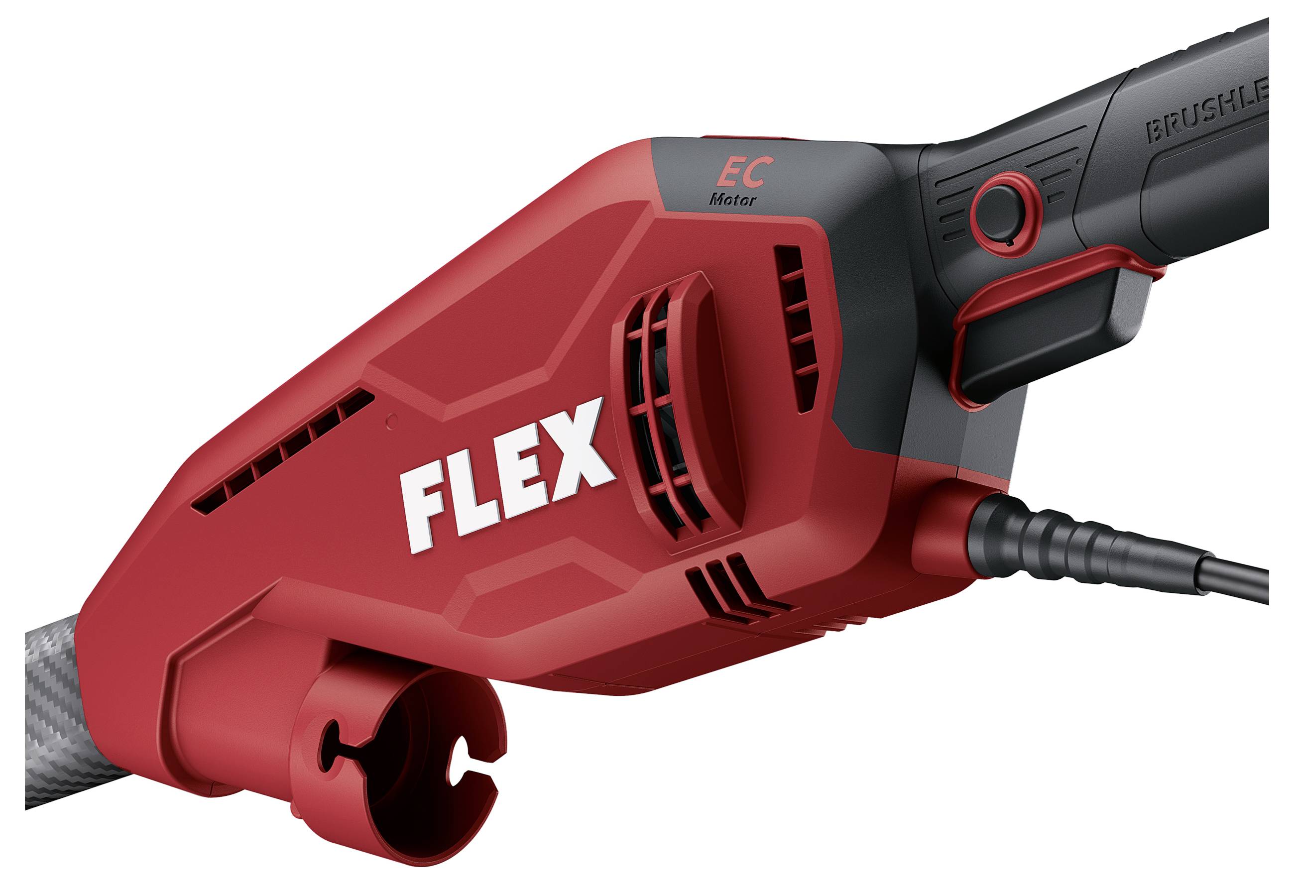 Rode FLEX-elektrowerktuig met zwart handvat en aangesloten snoer, weergegeven in close-up op een witte achtergrond.