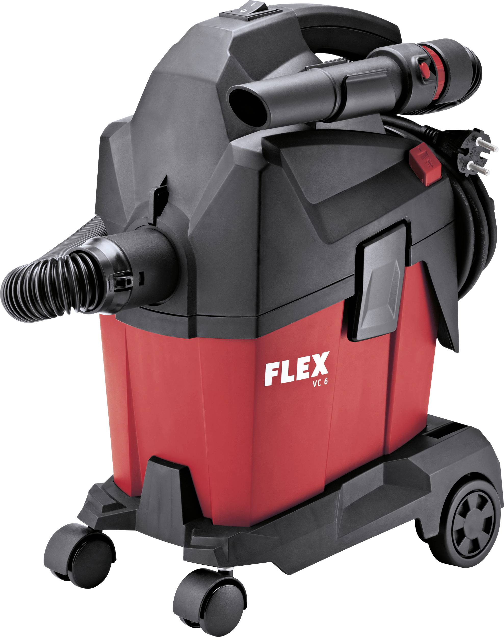 Rood-zwarte FLEX nat/droog werkplaatsstofzuiger met slang, stroomkabel en wielen, afgebeeld op een witte achtergrond.